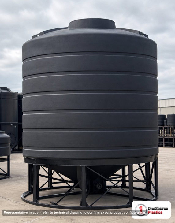Enduraplas 8000 Gallon Black Cone Bottom Tank. Polyethylene; Black; 158" H x 144" W x 144" L; fittings: 1 Outlet, 1 Manway /