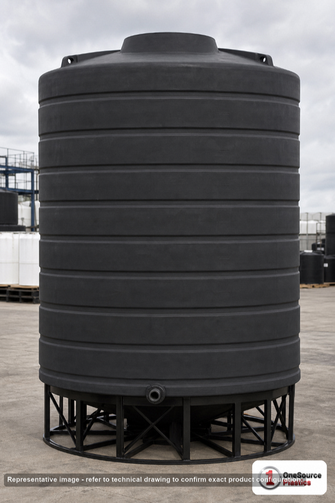 Enduraplas 10000 Gallon Black Cone Bottom Tank. Polyethylene; Black; dimensions 193.0in H x 144.0in W x 144.0in L; 2050.0 lb empty; 1.9 specific gravity rating; fittings: 1 Outlet , 1 Manway / Lid; 10 Year Warranty with Activation. Manufacturer part number THC10000B. Sold by OneSource Plastics (https://www.onesourceplastics.com).
