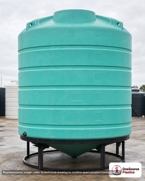 Enduraplas 2000 Gallon Green Cone Bottom Tank. Polyethylene; Green; 1.9 specific gravity rating; fittings: 1 Outlet , 1 Manway / Lid; 10 Year Warranty with Activation. Manufacturer part number THC02000G. Sold by OneSource Plastics (https://www.onesourceplastics.com).
