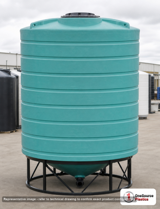 Enduraplas 10000 Gallon Green Cone Bottom Tank. Polyethylene; Green; dimensions 193.0in H x 144.0in W x 144.0in L; 2050.0 lb empty; 1.9 specific gravity rating; fittings: 1 Outlet , 1 Manway / Lid; 10 Year Warranty with Activation. Manufacturer part number THC10000G. Sold by OneSource Plastics (https://www.onesourceplastics.com).