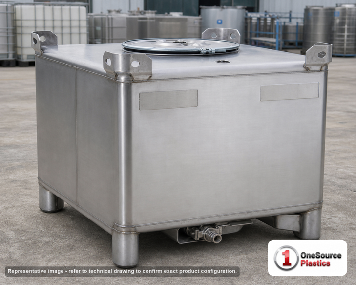 Snyder Industries 180 Gallon 304 Stainless Steel Supertainer IBC Tote Tank. 304 Stainless Steel; Silver; 29.25" H x 48" W x