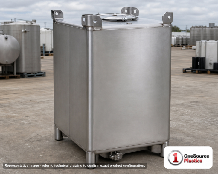 Snyder Industries 550 Gallon 304 Stainless Steel Supertainer IBC Tote Tank. 304 Stainless Steel; Silver; dimensions 71.25in H x 48.0in W x 42.0in L; 650.0 lb empty; fittings: 1 Inlet , 1 Outlet , 1 Manway / Lid. Manufacturer part number 6984500B51310. Sold by OneSource Plastics (https://www.onesourceplastics.com).