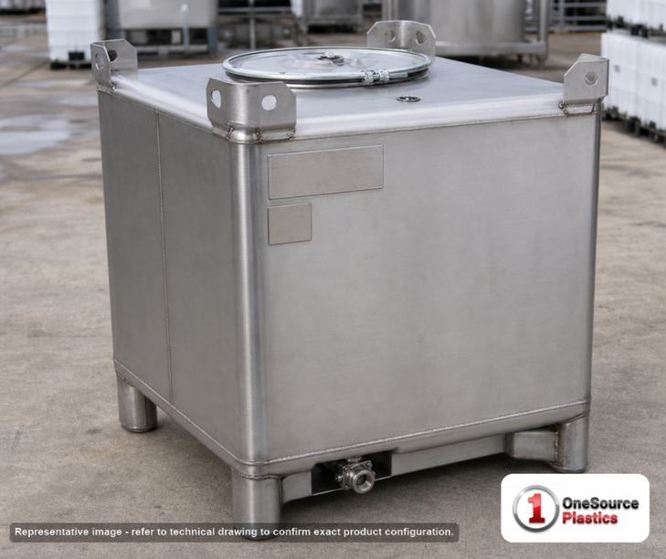 Snyder Industries 300 Gallon 304 Stainless Steel Supertainer IBC Tote Tank. 304 Stainless Steel; Silver; dimensions 41.25in H x 48.0in W x 42.0in L; 424.0 lb empty; fittings: 1 Inlet , 1 Outlet , 1 Manway / Lid. Manufacturer part number 6984000B51303. Sold by OneSource Plastics (https://www.onesourceplastics.com).