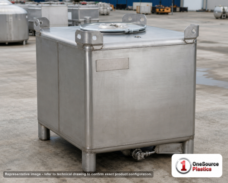 Snyder Industries 300 Gallon 304 Stainless Steel Supertainer IBC Tote Tank. 304 Stainless Steel; Silver; dimensions 41.25in H x 48.0in W x 42.0in L; 424.0 lb empty; fittings: 1 Inlet , 1 Outlet , 1 Manway / Lid. Manufacturer part number 6984200B51306. Sold by OneSource Plastics (https://www.onesourceplastics.com).