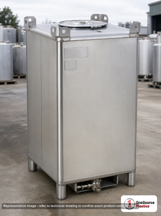 Snyder Industries 550 Gallon 304 Stainless Steel Supertainer IBC Tote Tank. 304 Stainless Steel; Silver; 71.25" H x 48" W x