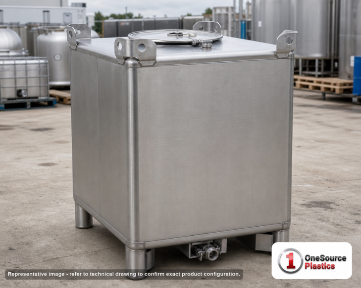 Snyder Industries 446 Gallon 304 Stainless Steel Supertainer IBC Tote Tank. 304 Stainless Steel; Silver; dimensions 59.25in H x 48.0in W x 42.0in L; 542.0 lb empty; fittings: 1 Inlet , 1 Outlet , 1 Manway / Lid. Manufacturer part number 6984400B51307. Sold by OneSource Plastics (https://www.onesourceplastics.com).
