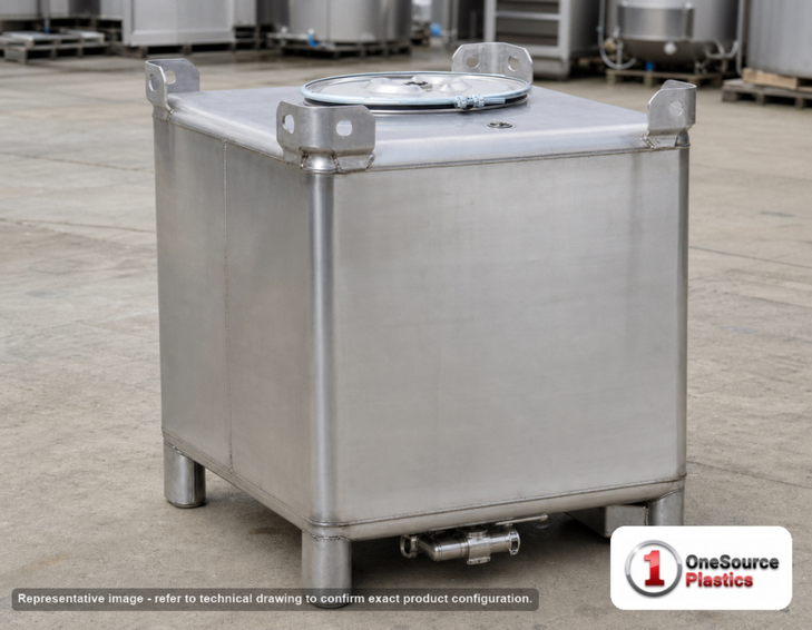 Snyder Industries 350 Gallon 304 Stainless Steel Supertainer IBC Tote Tank. 304 Stainless Steel; Silver; dimensions 47.25in H x 48.0in W x 42.0in L; 469.0 lb empty; fittings: 1 Inlet , 1 Outlet , 1 Manway / Lid. Manufacturer part number 6984300B51338. Sold by OneSource Plastics (https://www.onesourceplastics.com).