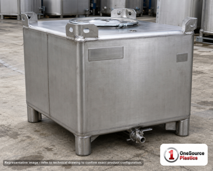 Snyder Industries 245 Gallon 304 Stainless Steel Supertainer IBC Tote Tank. 304 Stainless Steel; Silver; 35.25" H x 48" W x