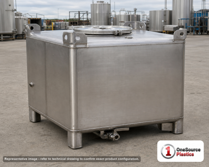 Snyder Industries 180 Gallon 304 Stainless Steel Supertainer IBC Tote Tank. 304 Stainless Steel; Silver; dimensions 29.25in H x 48.0in W x 42.0in L; 351.0 lb empty; fittings: 1 Inlet , 1 Outlet , 1 Manway / Lid. Manufacturer part number 6984100B51302. Sold by OneSource Plastics (https://www.onesourceplastics.com).