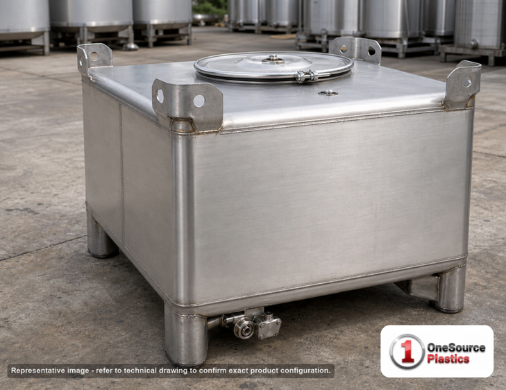 Snyder Industries 165 Gallon 304 Stainless Steel Supertainer IBC Tote Tank. 304 Stainless Steel; Silver; 26.25" H x 48" W x