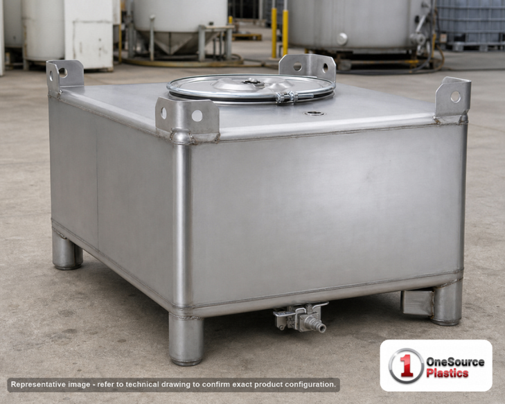 Snyder Industries 165 Gallon 304 Stainless Steel Supertainer IBC Tote Tank. 304 Stainless Steel; Silver; 26.25" H x 48" W x