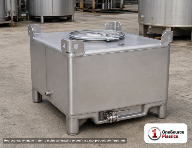 Snyder Industries 120 Gallon 304 Stainless Steel Supertainer IBC Tote Tank. 304 Stainless Steel; Silver; dimensions 23.25in H x 48.0in W x 42.0in L; 315.0 lb empty; fittings: 1 Inlet , 1 Outlet , 1 Manway / Lid. Manufacturer part number 6984000B51320. Sold by OneSource Plastics (https://www.onesourceplastics.com).