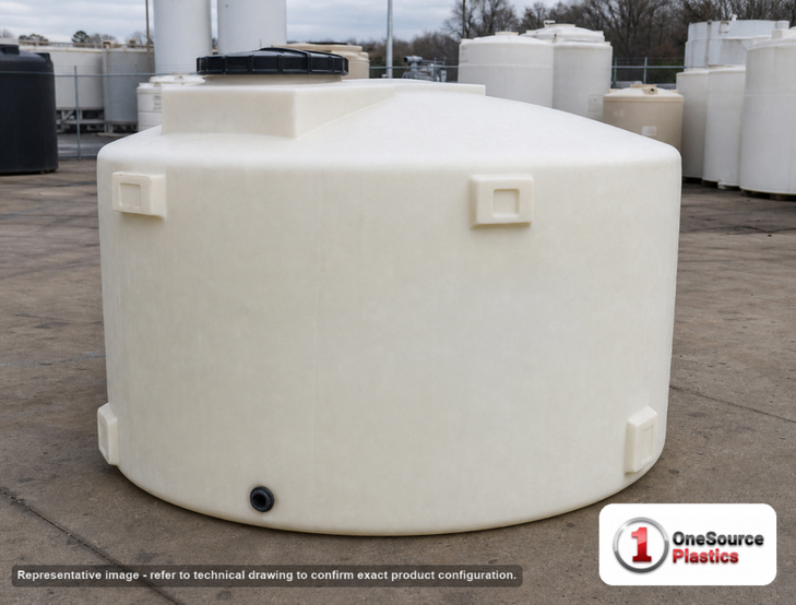 Chem-Tainer 1200 Gallon HDPE Vertical Liquid Storage Tank. 1200.0 gallon capacity; Polyethylene; Natural White; dimensions 52.0in H x 86.0in W x 86.0in L; 220.0 lb empty; 1.9 specific gravity rating; max temp 120 deg  F / 48 deg  C; 3 Year Warranty. Manufacturer part number TC8652IA. Sold by OneSource Plastics (https://www.onesourceplastics.com).