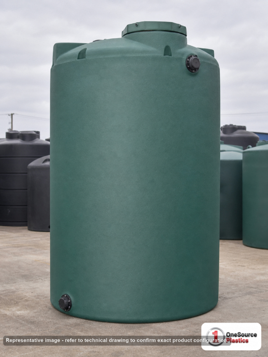 Chem-Tainer 4500 Gallon Green Vertical Water Storage Tank. Polyethylene; Green; dimensions 156.0in H x 95.0in W x 95.0in L; 500.0 lb empty; 1.0 specific gravity rating; fittings: 1 Inlet , 1 Outlet , 1 Manway / Lid; max temp 120 deg  F / 48 deg  C; 3 Year Warranty. Manufacturer part number TC4500IW-GREEN. Sold by OneSource Plastics (https://www.onesourceplastics.com).