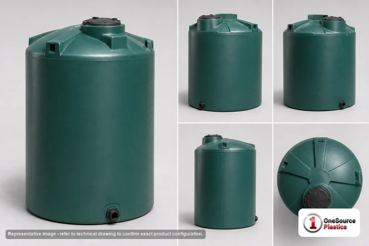 Dimensional spec drawing for Chem-Tainer 4500 Gallon Vertical Water Tank (95" L x 95" W x 156" H)