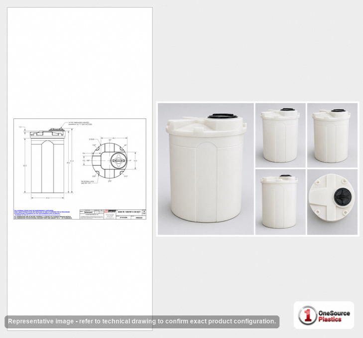 Dimensional spec drawing for Snyder 150 Gallon Double Wall Tank (34" L x 34" W x 62" H)