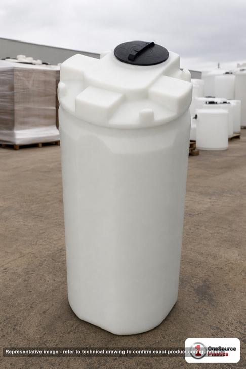 Snyder Industries 250 Gallon ASTM Sodium Hypochlorite HDPE Double Wall Tank. HDLPE #880059; Natural White; dimensions 83.0in H x 34.0in W x 34.0in L; 150.0 lb empty; 1.9 specific gravity rating; fittings: 1 Manway / Lid; max temp 120 deg  F / 48 deg  C; 3 Year Warranty. Manufacturer part number 5990502N52. Sold by OneSource Plastics (https://www.onesourceplastics.com).