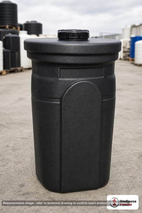Snyder Industries 35 Gallon ASTM HDPE Black Double Wall Tank. High Density Linear Polyethylene; Black; dimensions 36.0in H x 22.0in W x 22.0in L; 45.0 lb empty; 1.9 specific gravity rating; fittings: 1 Manway / Lid; max temp 120 deg  F / 48 deg  C; 3 Year Warranty. Manufacturer part number 1000112n51. Manufactured by Snyder. Sold by OneSource Plastics (https://www.onesourceplastics.com).