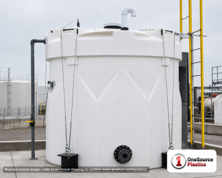 Snyder Industries 3500 Gallon Sodium Hypochlorite (UV) Captor Double Wall Tank. HDLPE #880059; Opaque White; dimensions 158.0in H x 102.0in W x 102.0in L; 2500.0 lb empty; 1.9 specific gravity rating; fittings: 1 Manway / Lid; max temp 120 deg  F / 48 deg  C; 3 Year Warranty. Manufacturer part number 5600000n52. Manufactured by Snyder. Sold by OneSource Plastics (https://www.onesourceplastics.com).