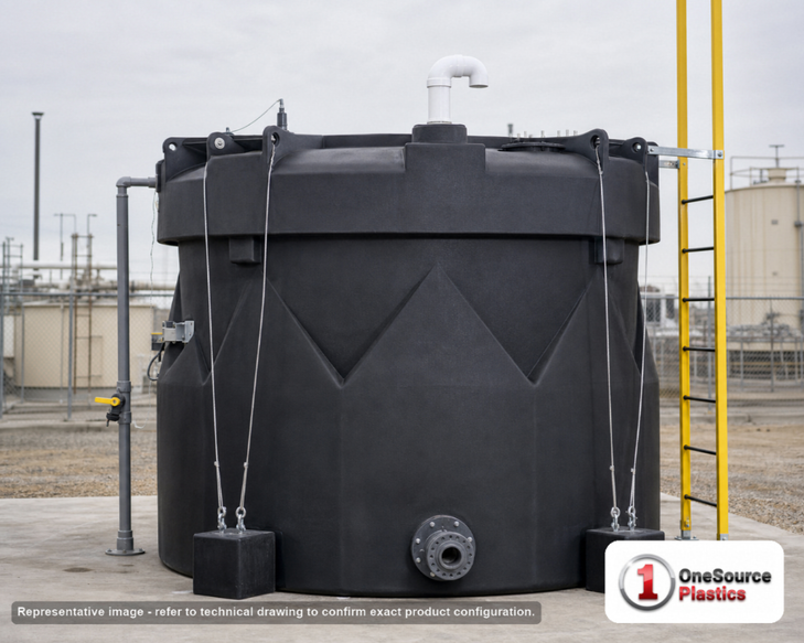 Snyder Industries 2000 Gallon ASTM Black Captor Double Wall Tank. 2000 gallon capacity; High Density Linear Polyethylene; Black; dimensions 103.0in H x 102.0in W x 102.0in L; 900.0 lb empty; 1.9 specific gravity rating; fittings: 1 Manway / Lid; max temp 120 deg  F / 48 deg  C; 3 Year Warranty. Manufacturer part number 5570000n51. Manufactured by Snyder. Sold by OneSource Plastics (https://www.onesourceplastics.com).