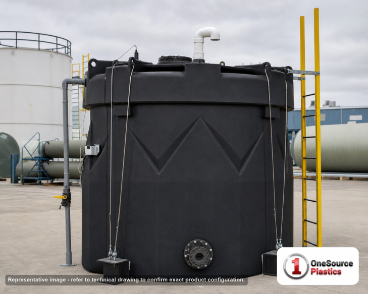 Snyder Industries 2000 Gallon ASTM XLPE Black Captor Double Wall Tank. 2000 gallon capacity; Crosslinked Linear Polyethylene; Black; dimensions 103.0in H x 102.0in W x 102.0in L; 900.0 lb empty; 1.9 specific gravity rating; fittings: 1 Manway / Lid; max temp 140 deg  F / 60 deg  C; 3 Year Warranty. Manufacturer part number 5570000n48. Manufactured by Snyder. Sold by OneSource Plastics (https://www.onesourceplastics.com).