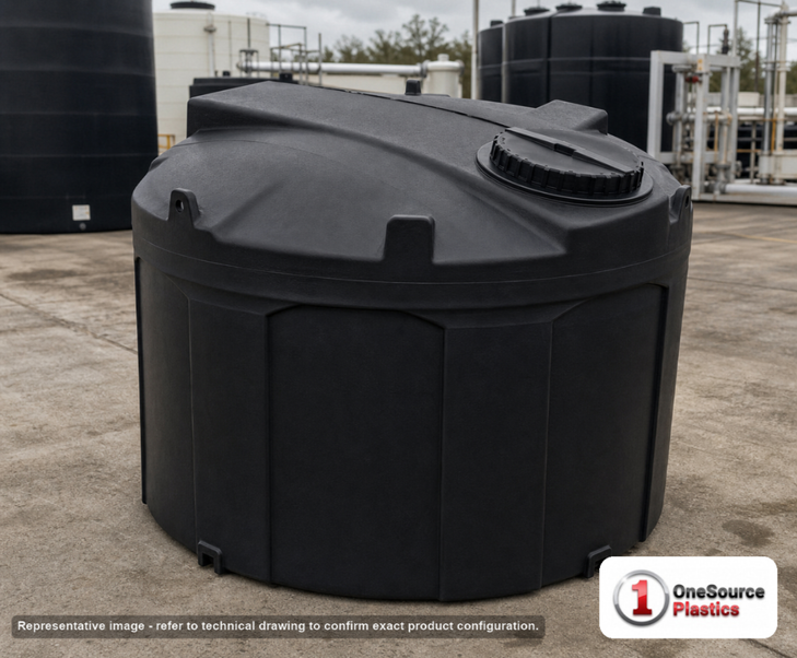 Snyder Industries 750 Gallon ASTM XLPE Black Double Wall Tank. Crosslinked Linear Polyethylene; Black; dimensions 67.0in H x 73.0in W x 73.0in L; 390.0 lb empty; 1.9 specific gravity rating; fittings: 1 Manway / Lid; max temp 120 deg  F / 48 deg  C; 3 Year Warranty. Manufacturer part number 5990902n48. Manufactured by Snyder. Sold by OneSource Plastics (https://www.onesourceplastics.com).