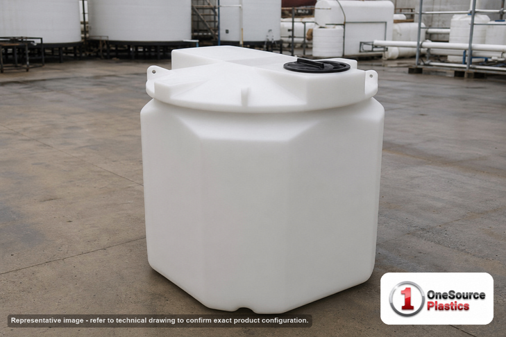 Snyder Industries 750 Gallon ASTM XLPE Double Wall Tank. Crosslinked Linear Polyethylene; Natural White; dimensions 67.0in H x 73.0in W x 73.0in L; 390.0 lb empty; 1.9 specific gravity rating; fittings: 1 Manway / Lid; max temp 140 deg  F / 60 deg  C; 3 Year Warranty. Manufacturer part number 5990902N42. Sold by OneSource Plastics (https://www.onesourceplastics.com).