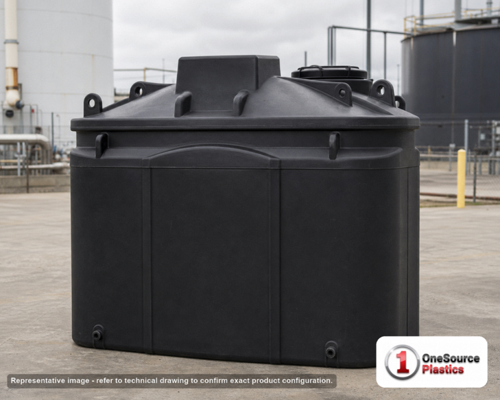 Snyder Industries 1000 Gallon ASTM HDPE Black Double Wall Tank. High Density Linear Polyethylene; Black; dimensions 69.0in H x 81.0in W x 81.0in L; 500.0 lb empty; 1.9 specific gravity rating; fittings: 1 Manway / Lid; max temp 120 deg  F / 48 deg  C; 3 Year Warranty. Manufacturer part number 5990102n51. Manufactured by Snyder. Sold by OneSource Plastics (https://www.onesourceplastics.com).