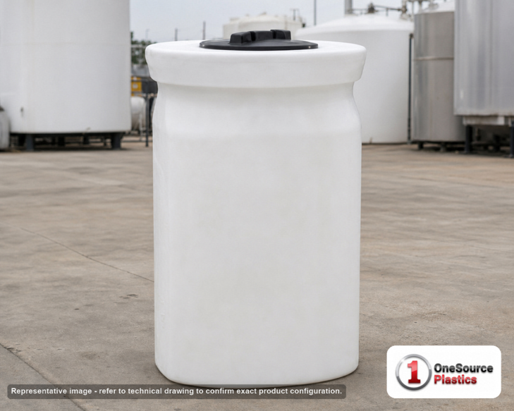 Snyder Industries 60 Gallon Sodium Hypochlorite (UV) Double Wall Tank. HDLPE #880059; Opaque White; dimensions 41.0in H x 26.0in W x 26.0in L; 55.0 lb empty; 1.9 specific gravity rating; fittings: 1 Manway / Lid; max temp 120 deg  F / 48 deg  C; 3 Year Warranty. Manufacturer part number 5680002N52. Sold by OneSource Plastics (https://www.onesourceplastics.com).