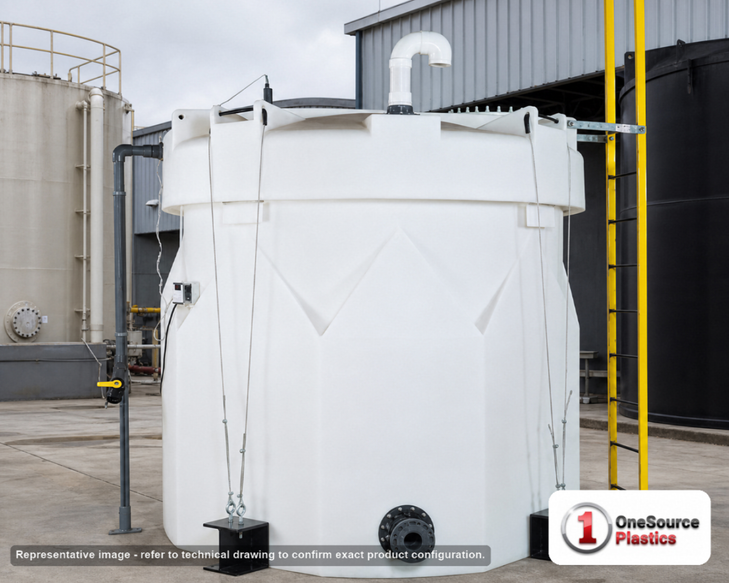 Snyder Industries 10000 Gallon Sulfuric Acid Double Wall Tank. HDLPE #880046; Opaque White; dimensions 226.0in H x 142.0in W x 142.0in L; 7400.0 lb empty; 1.9 specific gravity rating; fittings: 1 Manway / Lid; max temp 120 deg  F / 48 deg  C; 3 Year Warranty. Manufacturer part number 1006600N30. Sold by OneSource Plastics (https://www.onesourceplastics.com).