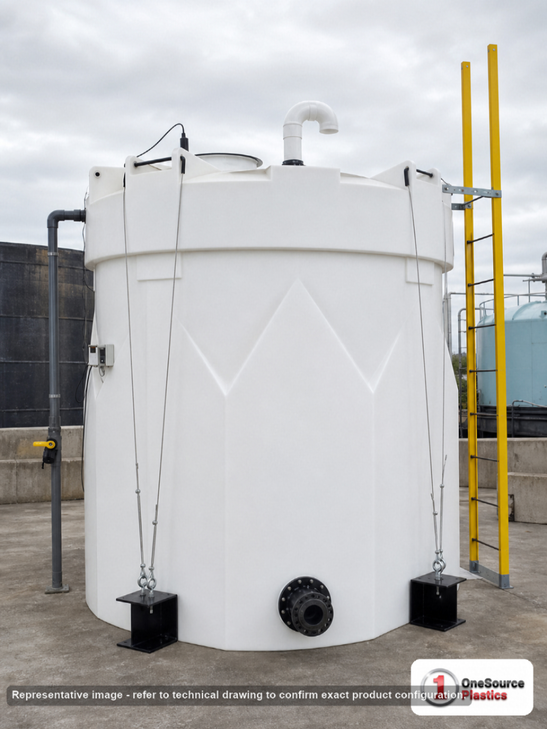 Snyder Industries 6500 Gallon Sulfuric Acid Double Wall Tank. HDLPE #880046; Opaque White; dimensions 199.0in H x 120.0in W x 120.0in L; 5300.0 lb empty; 1.9 specific gravity rating; fittings: 1 Manway / Lid; max temp 120 deg  F / 48 deg  C; 3 Year Warranty. Manufacturer part number 5670000N30. Sold by OneSource Plastics (https://www.onesourceplastics.com).