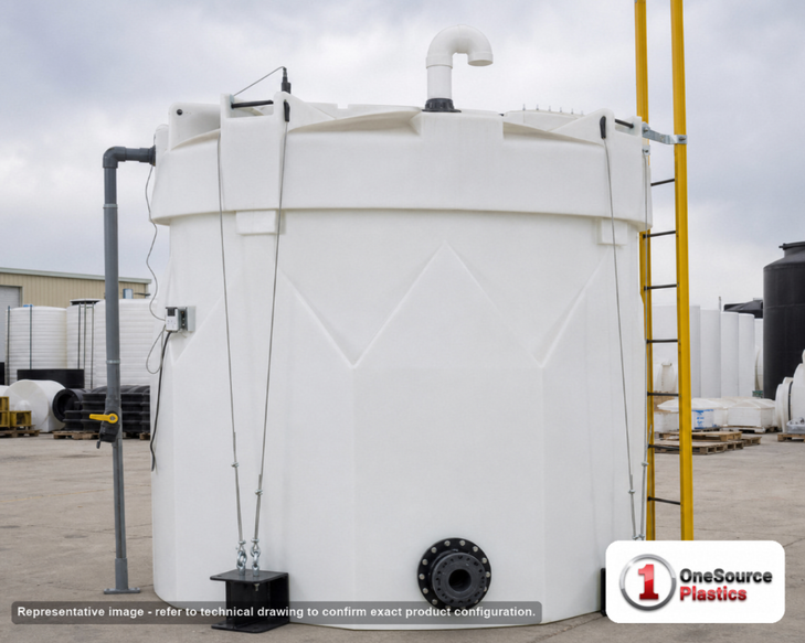 Snyder Industries 2500 Gallon Sulfuric Acid Captor Double Wall Tank. HDLPE #880046; Opaque White; dimensions 122.0in H x 102.0in W x 102.0in L; 1100.0 lb empty; 1.9 specific gravity rating; fittings: 1 Manway / Lid; max temp 120 deg  F / 48 deg  C; 3 Year Warranty. Manufacturer part number 5580000N30. Sold by OneSource Plastics (https://www.onesourceplastics.com).