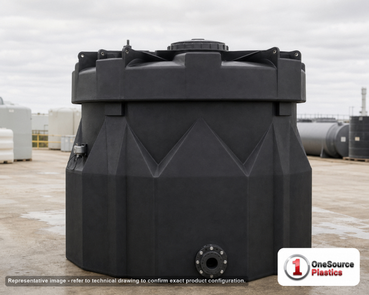 Snyder Industries 550 Gallon ASTM XLPE Captor Black Double Wall Tank. Crosslinked Linear Polyethylene; Black; dimensions 65.0in H x 76.0in W x 76.0in L; 315.0 lb empty; 1.9 specific gravity rating; fittings: 1 Manway / Lid; max temp 140 deg  F / 60 deg  C; 3 Year Warranty. Manufacturer part number 5040000n48. Manufactured by Snyder. Sold by OneSource Plastics (https://www.onesourceplastics.com).