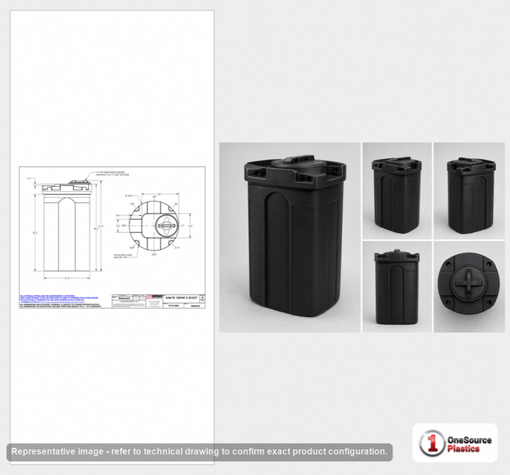 Dimensional spec drawing for Snyder 150 Gallon Double Wall Tank (34" L x 34" W x 62" H)