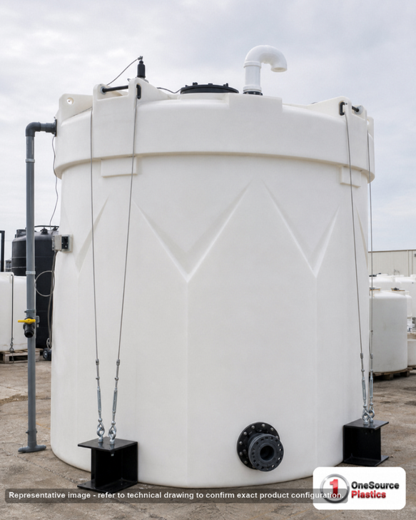 Snyder Industries 12500 Gallon ASTM HDPE Double Wall Tank. High Density Linear Polyethylene; Natural White; dimensions 274.0in H x 142.0in W x 142.0in L; 9500.0 lb empty; 1.9 specific gravity rating; fittings: 1 Manway / Lid; max temp 120 deg  F / 48 deg  C; 3 Year Warranty. Manufacturer part number 1031100n45. Manufactured by Snyder. Sold by OneSource Plastics (https://www.onesourceplastics.com).