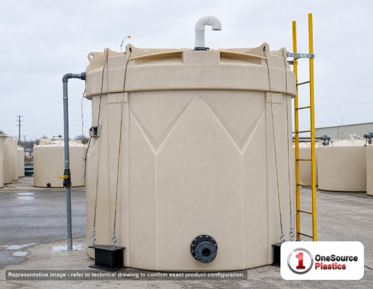 Snyder Industries 6500 Gallon ASTM XLPE Double Wall Tank. Crosslinked Linear Polyethylene; Natural White; dimensions 199.0in H x 120.0in W x 120.0in L; 5300.0 lb empty; 1.9 specific gravity rating; fittings: 1 Manway / Lid; max temp 140 deg  F / 60 deg  C; 3 Year Warranty. Manufacturer part number 5670000n42. Manufactured by Snyder. Sold by OneSource Plastics (https://www.onesourceplastics.com).