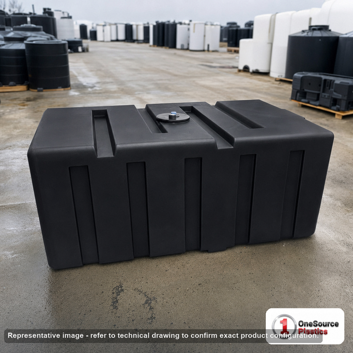 Norwesco 500 Gallon Black Loaf Tank. 500 gallon capacity; Polyethylene; Black; dimensions 31.0in H x 48.0in W x 92.0in L; 186.0 lb empty; 1.5 specific gravity rating; fittings: 1 Manway / Lid; max temp 120 deg  F / 48 deg  C; 3 Year Warranty. Manufacturer part number 43843b. Manufactured by Norwesco. Sold by OneSource Plastics (https://www.onesourceplastics.com).
