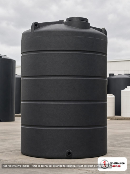 Norwesco 6502 Gallon Vertical Liquid Storage Tank in Black. Black; dimensions 196.0in H x 102.0in W x 102.0in L; 1337.0 lb empty; 1.5 specific gravity rating. Manufacturer part number N-47933. Sold by OneSource Plastics (https://www.onesourceplastics.com).