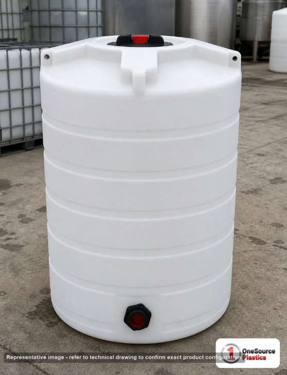 Enduraplas 100 Gallon White Vertical Storage Tank. Polyethylene; Natural White; dimensions 43.0in H x 30.0in W x 30.0in L; 66.0 lb empty; 1.9 specific gravity rating; fittings: 1 Outlet , 1 Manway / Lid; 10 Year Warranty with Activation. Manufacturer part number THV00100W. Sold by OneSource Plastics (https://www.onesourceplastics.com).