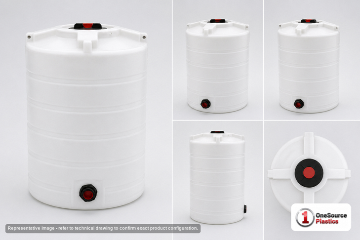 Dimensional spec drawing for Enduraplas 100 Gallon Vertical Storage Tank (30" L x 30" W x 43" H)