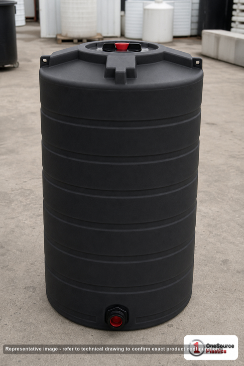 Enduraplas 150 Gallon Black Vertical Storage Tank. Polyethylene; Black; 61" H x 30" W x 30" L; fittings: 1 Outlet, 1 Manway