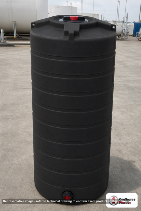 Enduraplas 200 Gallon Black Vertical Storage Tank. Polyethylene; Black; dimensions 79.0in H x 30.0in W x 30.0in L; 94.0 lb empty; 1.9 specific gravity rating; fittings: 1 Outlet , 1 Manway / Lid; 10 Year Warranty with Activation. Manufacturer part number THV00200B. Sold by OneSource Plastics (https://www.onesourceplastics.com).
