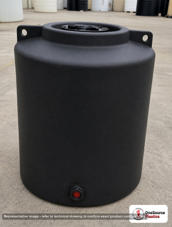 Enduraplas 210 Gallon Black Vertical Storage Tank. Polyethylene; Black; 48" H x 40" W x 40" L; fittings: 1 Outlet, 1 Manway