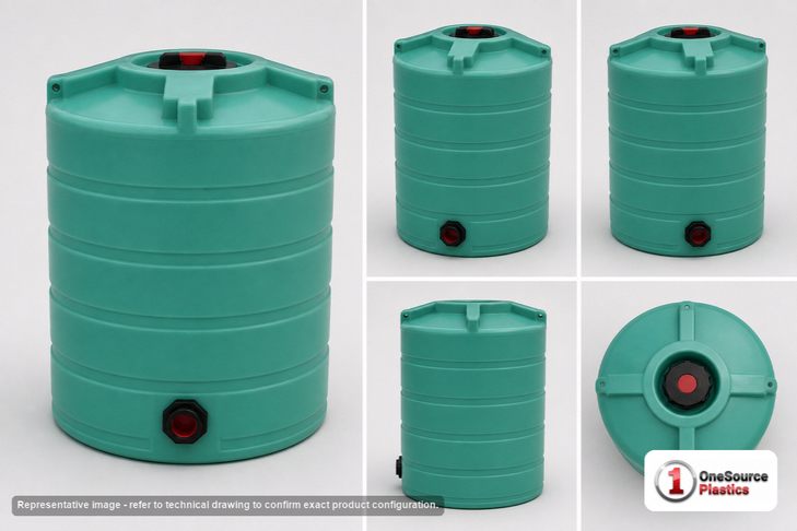 Dimensional spec drawing for Enduraplas 100 Gallon Vertical Storage Tank (30" L x 30" W x 43" H)