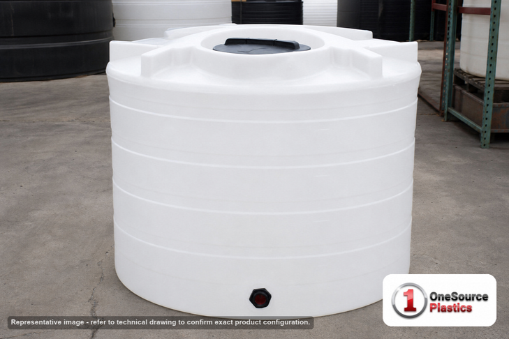 Enduraplas 550 Gallon White Vertical Storage Tank. Polyethylene; Natural White; dimensions 52.0in H x 60.0in W x 60.0in L; 135.0 lb empty; 1.9 specific gravity rating; fittings: 1 Outlet , 1 Manway / Lid; 10 Year Warranty with Activation. Manufacturer part number THV00550W. Sold by OneSource Plastics (https://www.onesourceplastics.com).