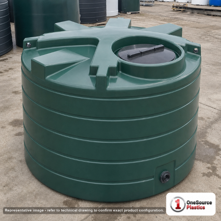 Enduraplas 550 Gallon Green Vertical Storage Tank. Polyethylene; Green; dimensions 52.0in H x 60.0in W x 60.0in L; 135.0 lb empty; 1.9 specific gravity rating; fittings: 1 Outlet , 1 Manway / Lid; 10 Year Warranty with Activation. Manufacturer part number THV00550G. Sold by OneSource Plastics (https://www.onesourceplastics.com).