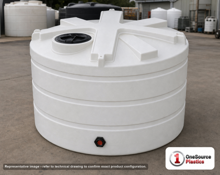 Enduraplas 1125 Gallon White Vertical Storage Tank. Polyethylene; Natural White; dimensions 56.0in H x 85.0in W x 85.0in L; 198.0 lb empty; 1.9 specific gravity rating; fittings: 1 Outlet , 1 Manway / Lid; 10 Year Warranty with Activation. Manufacturer part number THV01125W. Sold by OneSource Plastics (https://www.onesourceplastics.com).