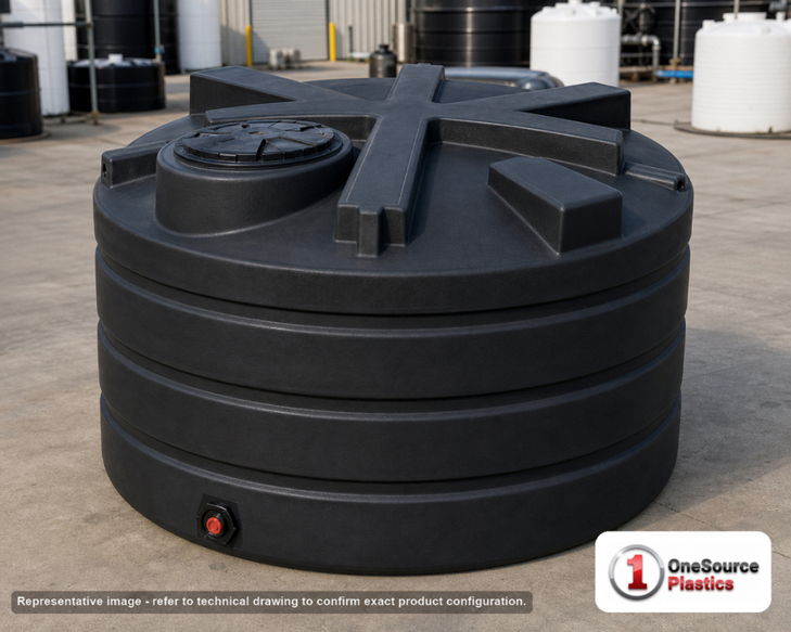 Enduraplas 1125 Gallon Black Vertical Storage Tank. Polyethylene; Black; 56" H x 85" W x 85" L; fittings: 1 Outlet, 1 Manway