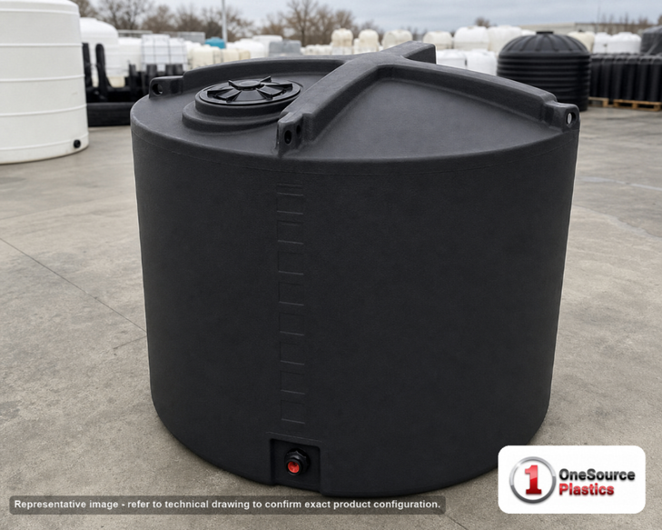Enduraplas 1400 Gallon Black Vertical Storage Tank. Polyethylene; Black; dimensions 79.0in H x 80.0in W x 80.0in L; 264.0 lb empty; 1.9 specific gravity rating; fittings: 1 Outlet , 1 Manway / Lid; 10 Year Warranty with Activation. Manufacturer part number THV01400B. Sold by OneSource Plastics (https://www.onesourceplastics.com).