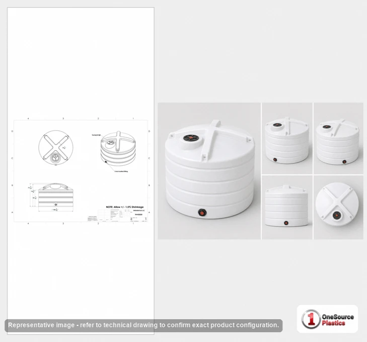 Dimensional spec drawing for Enduraplas 2020 Gallon Vertical Storage Tank (110" L x 110" W x 73" H)